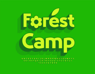 VectorEcologic template Forest Camp with Artistic Flower. Bright Creative Font. 3D Green set of Fashion Alphabet Letters and Numbers.