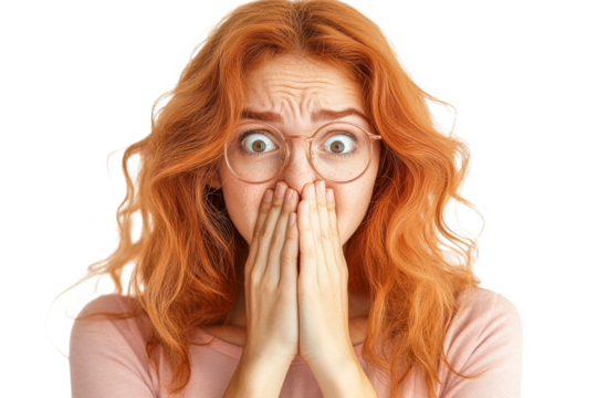 Surprised woman with red hair covering mouth