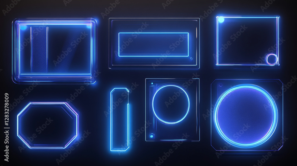 Poster neon glass frame collection with luminescent geometric elements - blue translucent shapes with radia
