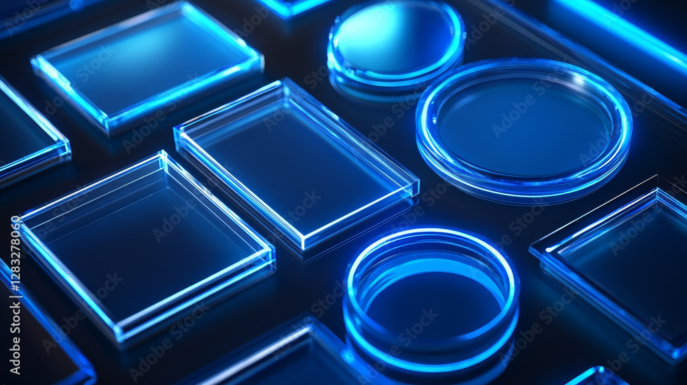 Aufkleber neon glass frame collection with luminescent geometric elements - blue translucent shapes with radia