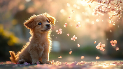 A small brown dog is sitting on the ground in front of a tree with pink flowers