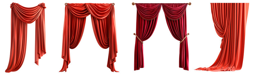 Set of classic red curtains with elegant drapery and decorative roses isolated on a transparent background. Luxurious fabric swag for interior decoration.