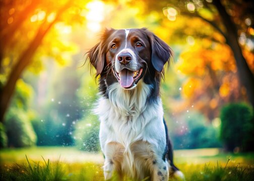 A joyful Stabyhoun, a rare Dutch dog, beams in this double exposed park photograph.