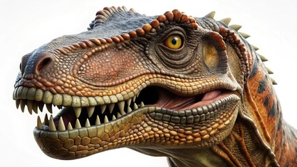 Fototapeta premium A lifelike 3D Tyrannosaurus McRaeensis portrait against a pure white background.
