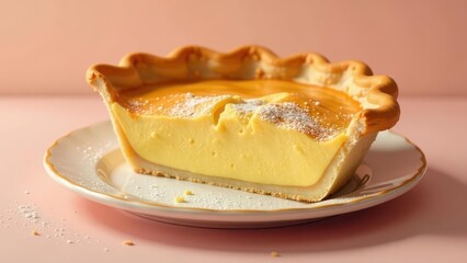 A delectable slice of creamy custard pie, nestled in a delicate pastry crust, is artfully dusted with powdered sugar, resting on an elegant plate.