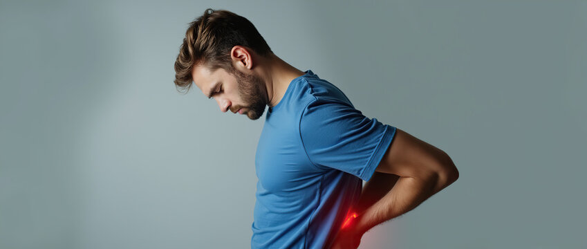 Young guy suffering from severe backache, touching back trying to ease pain.