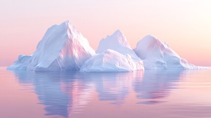 Melting ice caps at the North Pole, fragmented icebergs floating on calm Arctic water under a pale sky 