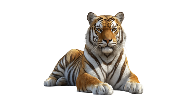 Striking tiger resting peacefully on flat surface