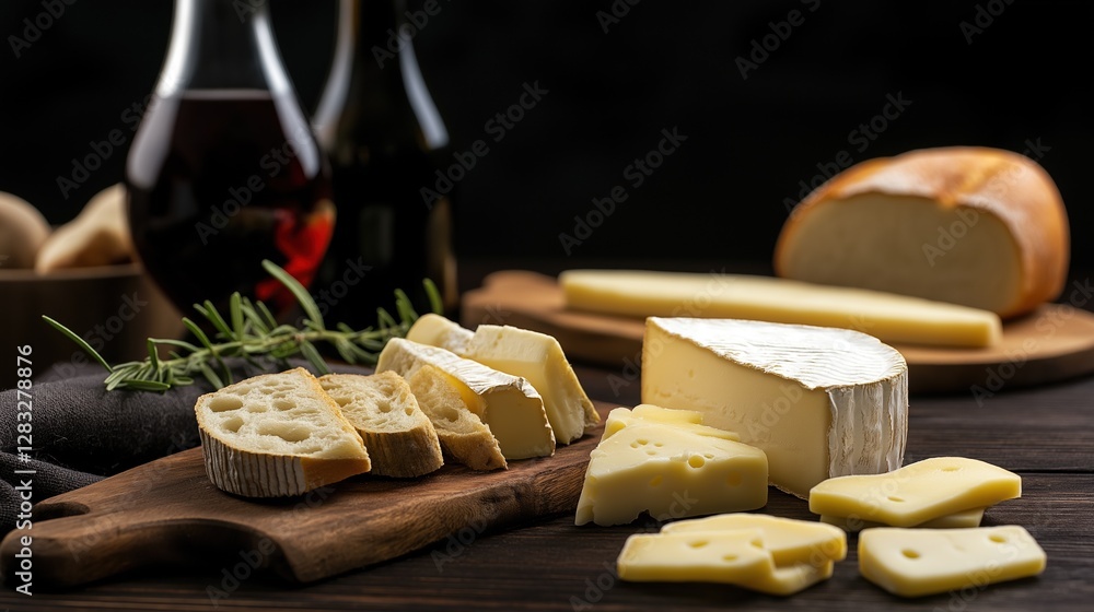Poster wooden table with various types of cheese and bread on it. on the left side of the table, there is a