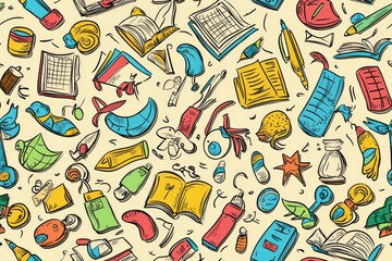 Cartoon back to school doodle seamless pattern background