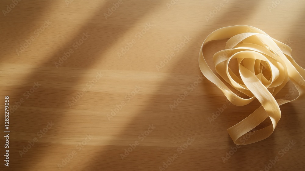 Poster close-up of a single strand of pasta on a wooden surface. the pasta is light yellow in color and app