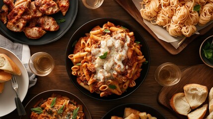 Table with a variety of food items arranged on it. on the left side of the table, there is a plate of grilled chicken with a red sauce and garnished with fresh basil leaves.