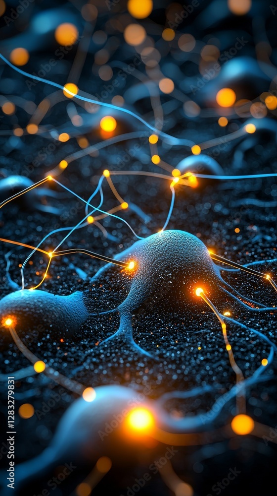 Poster illuminating neural connections abstract environment digital art dark background close-up conceptual