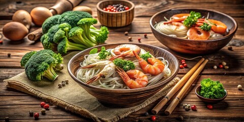 A still life of vintage shrimp noodles with broccoli and shimeji mushrooms on a rustic wooden table.