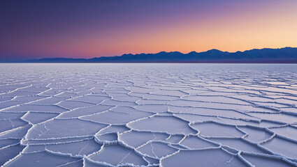 Salt flats reflecting vibrant sunset over mountains