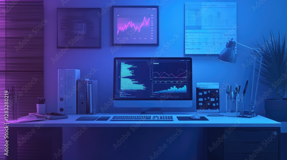 Aufkleber workspace featuring a mobile device with social media metrics and performance charts, with a clean b