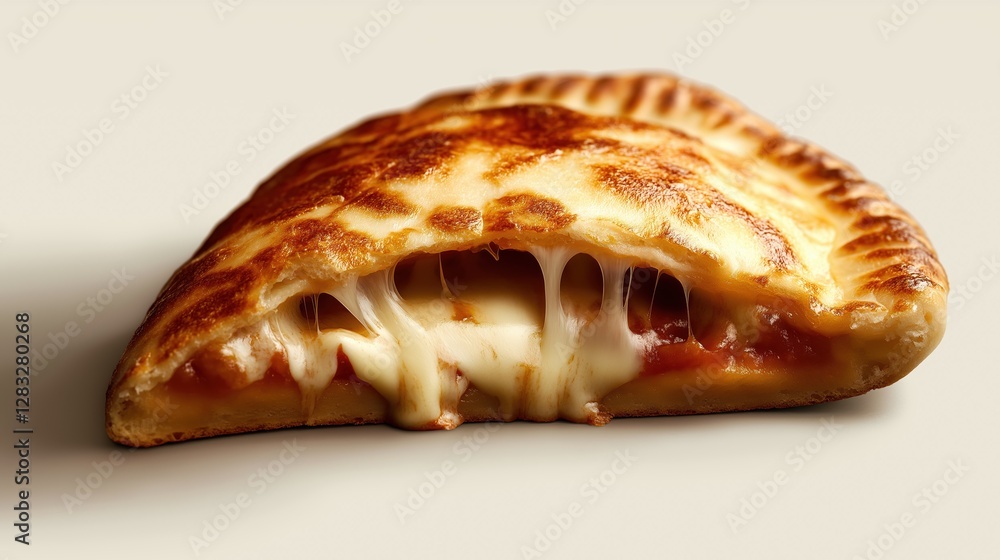 Poster close-up of a slice of pizza. the pizza is golden brown in color and has a flaky crust. the filling 