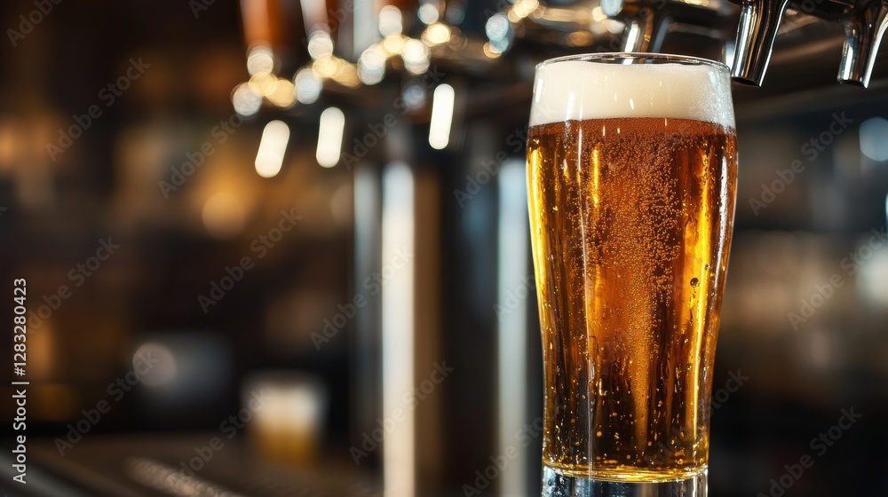 Poster perfectly poured beer in a glass sits on a bar counter at a lively downtown pub during evening hours