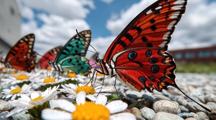 Colorful butterflies feeding on daisies, outdoors, sunny day, nature background, perfect for nature websites