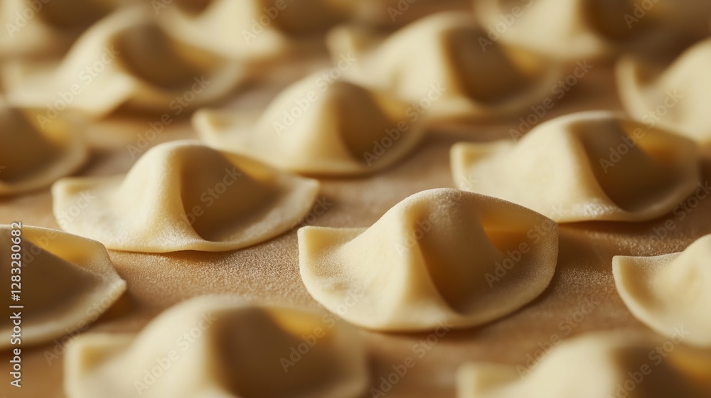 Poster close-up of a group of small, triangular-shaped ravioli on a baking sheet. the raviolis are light br
