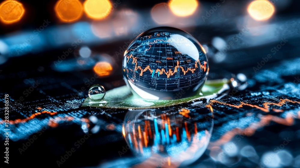 Poster global stock market trends reflected in droplet financial data visualization abstract macro photogra