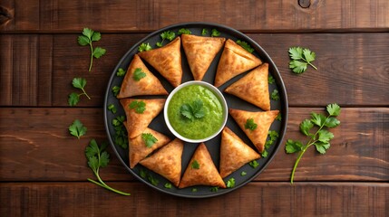 Delicious Samosas with Green Chutney on Wooden Table