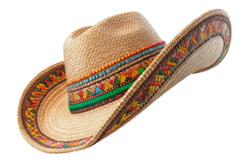 A traditional straw cowboy hat isolated on a transparent background. Rustic design with colorful decorative band, perfect for Western themes, farming, or casual outdoor wear.