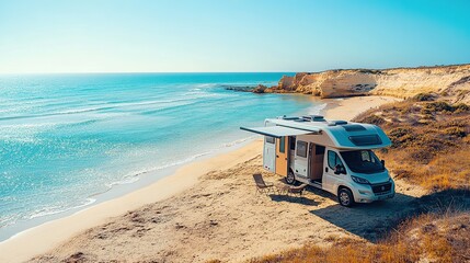 A sleek modern camping car on a beautiful beach