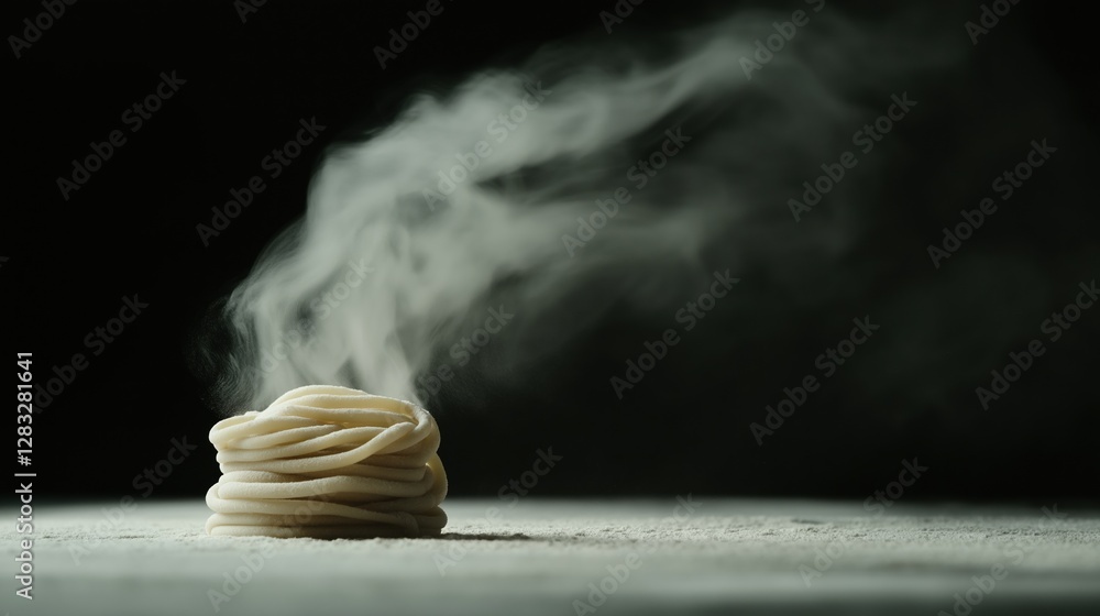 Poster close-up of a stack of noodles on a white surface. the noodles are arranged in a spiral-like pattern