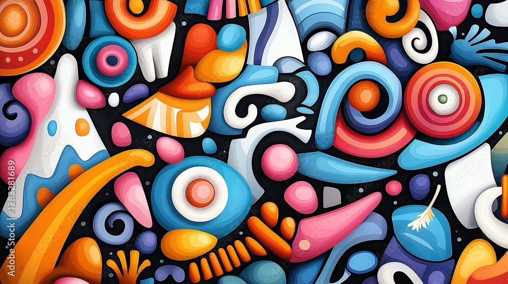 Poster whimsical abstract background with swirls and shapes in vivid multicolored palette