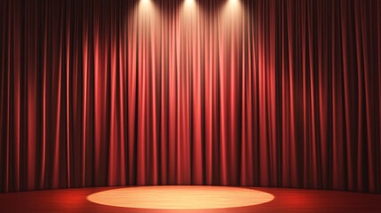 Closed black theater or cinema stage curtain with folds and circle spotlight. Realistic vector background of presentation or show ceremony fabric waved drapery. Backdrop tissue on scene with light.