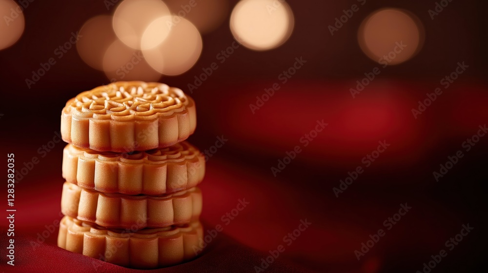 Poster stack of three cookies on a red cloth. the cookies are round and have a golden-brown color. they are