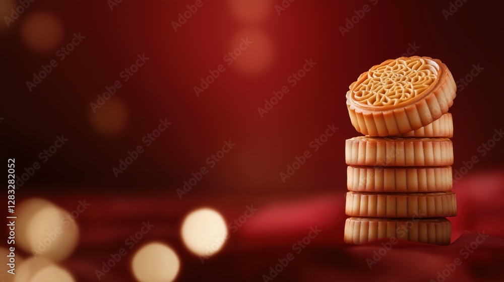 Poster close-up of a stack of three cookies on a red background. the cookies are arranged in a pyramid-like