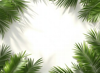 summer background with tropical leaves and shadows on a white table. shadows from palm leaves