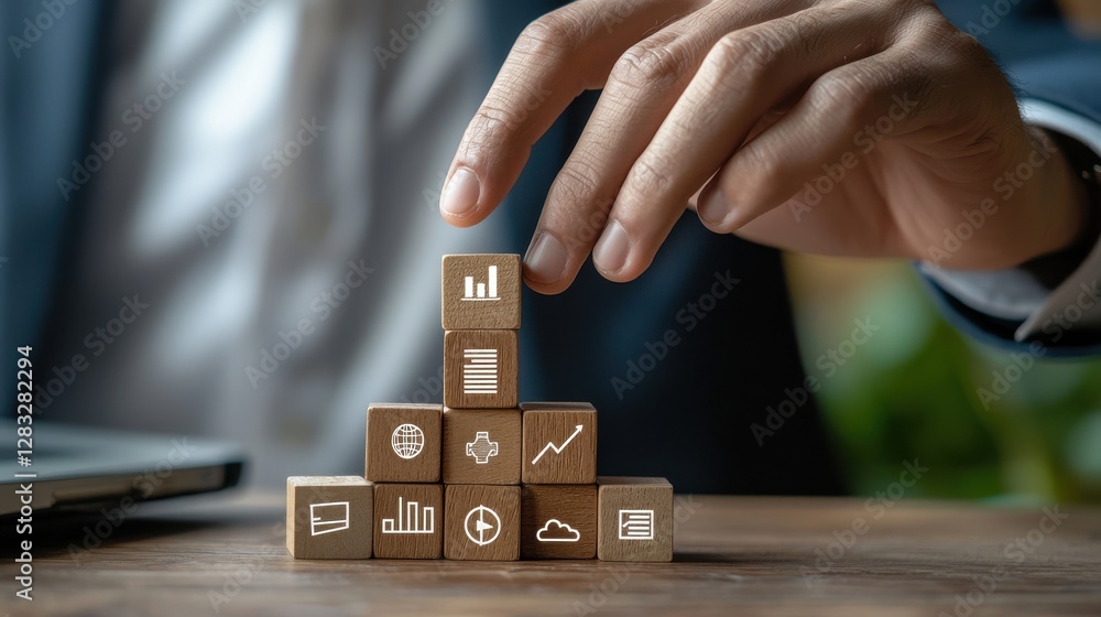 Poster a person is building a tower of wooden blocks with various icons on them