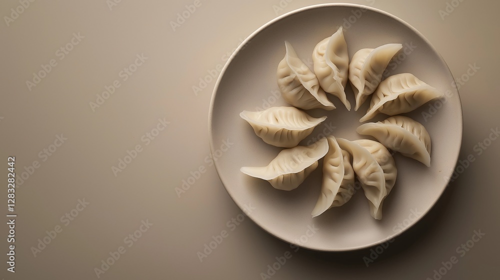 Poster plate of dumplings on a beige background. the plate is round and has a light grey color. on the plat