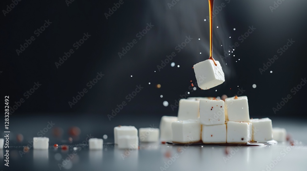 Poster group of white cubes arranged in a pyramid-like formation on a black surface. the cubes are of diffe