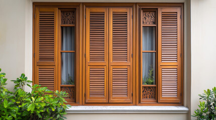Fototapeta premium Window wooden rolling shutters, brown venetian blinds isolated on white background. Vector realistic set of wood jalousie curtains, louver shades for home or office interior