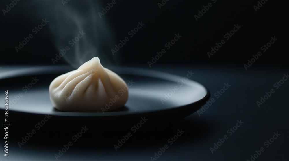 Poster close-up of a dumpling on a black plate. the dumplings are round and have a smooth texture.