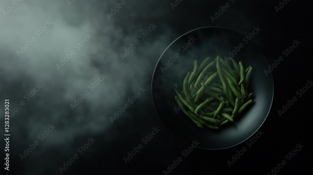 Poster Black circular plate with a pile of green beans on it. the beans are arranged in a neat pile and appear to be freshly cooked.