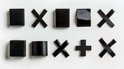 Obraz premium Black adhesive tape, sticky stripes isolated on transparent background. Scotch pieces with wrinkles glued in shape of square, cross, brackets and check mark, vector realistic set