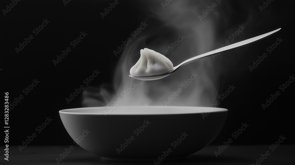 Poster black and white photograph of a bowl of soup with a spoon in it. the bowl is empty and the spoon is 