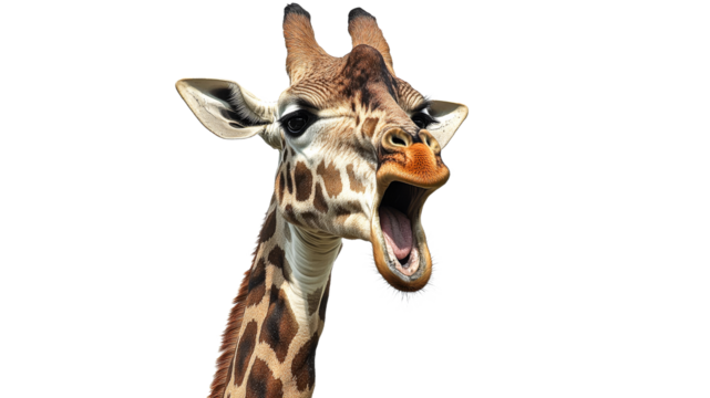 Giraffe yawning in a bright background