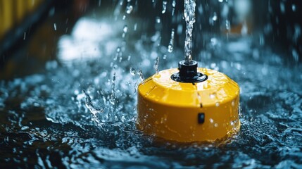 Yellow water level sensor submerged in flowing water