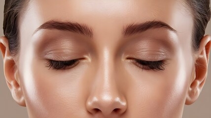 Fototapeta premium Close-up of a Beautiful Girl with Clear Skin, Perfect Features, Radiant Glow, and Glass Skin, Showcasing Shiny, Smooth Skin, with Closed Eyes and Long Lashes, Capturing a Youthful and Flawless Natural