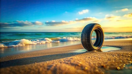 Coastal miniature: tilt-shift photography captures a toy tire on a sandy shore, evoking summer fun.