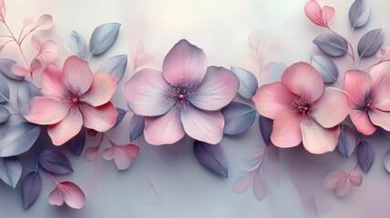 A painting of three pink flowers with purple leaves
