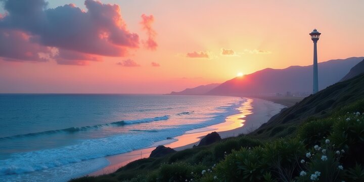 Serene Coastal Sunset with Ocean Waves Gently Rolling onto Sandy Beach and Tall Tower Silhouette