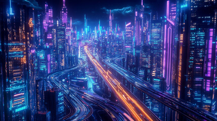 Naklejka premium City of future isometric banner with speed trains riding on bridge with highway roads and glowing buildings around. Futuristic cityscape with neon glow skyscrapers illumination. 3d vector illustration