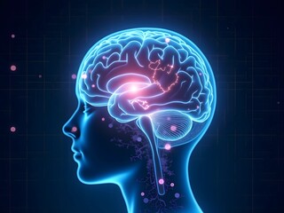 Futuristic 3D medical illustration of a glowing human brain with neural connections and electric impulses, symbolizing intelligence, AI, and neurology. Ideal for healthcare, technology, and innovation